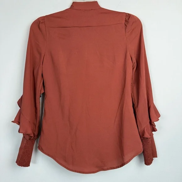 M M Couture Miss Me Rust Blouse w/Ruffle Chest & Smocked Sleeves & Bow Tie Sz M - Picture 4 of 14